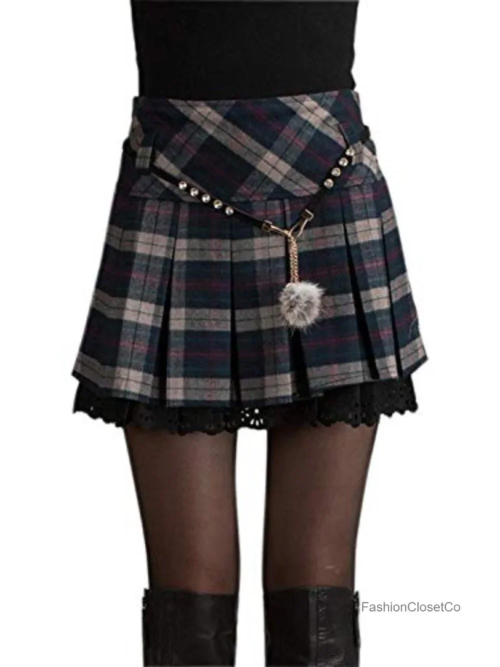 Women's A-Line Plaid Wool Blend Pleated Skirt with Side Zipper